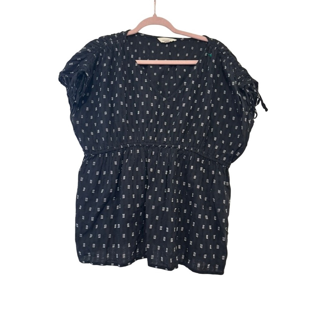 Lucky Brand sz L cotton black ruched sleeve boho short sleeve shirt K